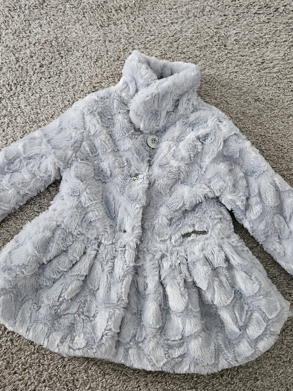 Calvin Klein Jeans Kids Light Gray Faux Fur Pea Coat with High Collar